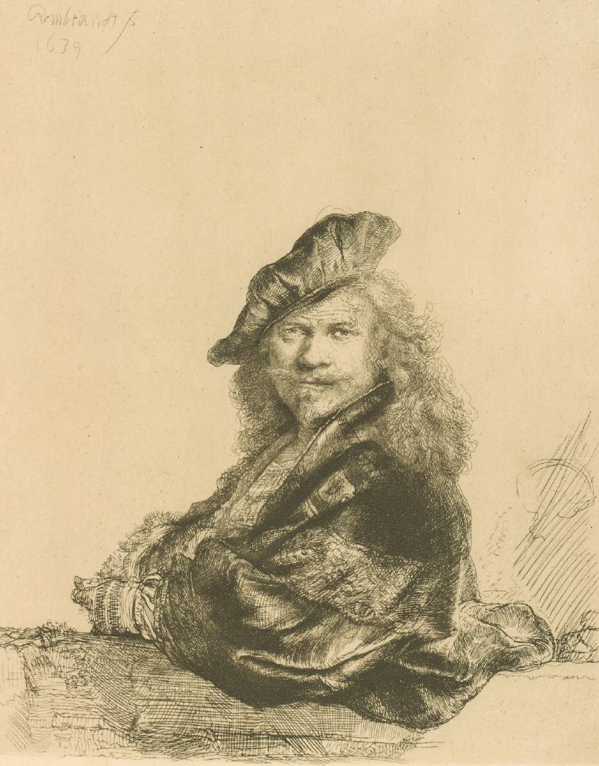 Rembrandt Van Rijn Etching Laid Paper w/ watermark: Rembrandt Van Rijn (1606-1669 Dutch) drypoint etching, self portrait, signed in the plate and dated 1639. On watermarked laid stock with plate mark. Plate size 20.5 cm x 16.5 cm. Sheet size 22.5 cm x 