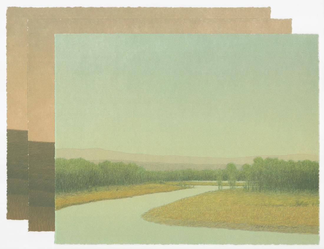 Russell Chatham Color Lithographs (3): Three Russell Chatham (American 1961) color lithographs, landscapes. Two prints of the same image of landscape with brown tones and pale gray-ivory sky. Both of these are pencil signed with monogram l