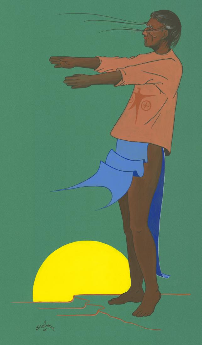 Bert Dail Seabourn Signed Original Gouache: Bert Dail Seabourn (American b. 1931) signed original gouache painting. Signed and dated 'Seabourn '65' in ink lower left. Title 'Ghost Dance Preacher' and artist information on verso. Unframed, mount