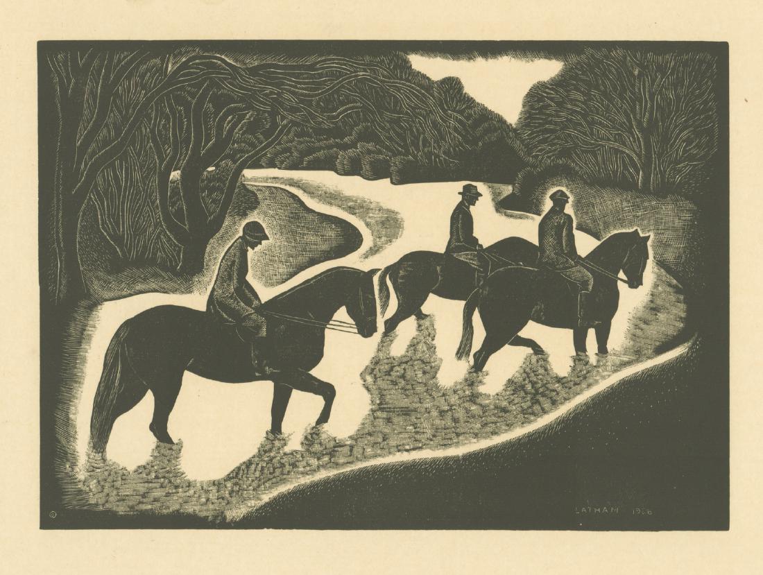 Barbara Latham Woodcut Print: Barbara Latham (American 1896-1976), original woodcut titled 'Fording the Stream', published 1930s-1940s by American Artists Group, New York. Signed and dated 1936 in the image, but purposely not penc
