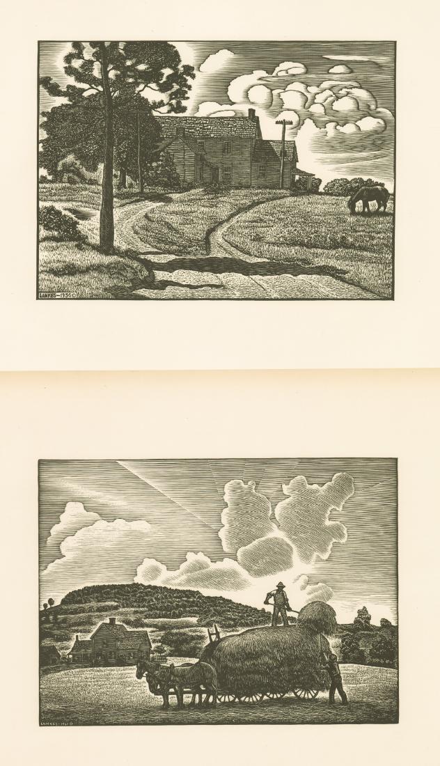 Julius Lankes Woodcuts (2): Two Julius Lankes (American 1884-1960) original woodcuts published 1930s-1940s by American Artists Group, New York. First woodcut of grazing horse is signed in the image and dated 1936. Image size 7.3