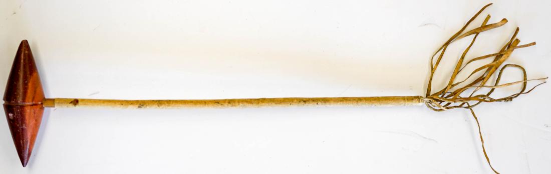 Redstone and Sinew Double Pointed Club: Redstone double pointed club with sinew wrapped handle. Head measures 6 in. x 2 in. x 2 in. One point has been repaired, the other point has chipping. Total length 20 in. If lot is absent of a conditi