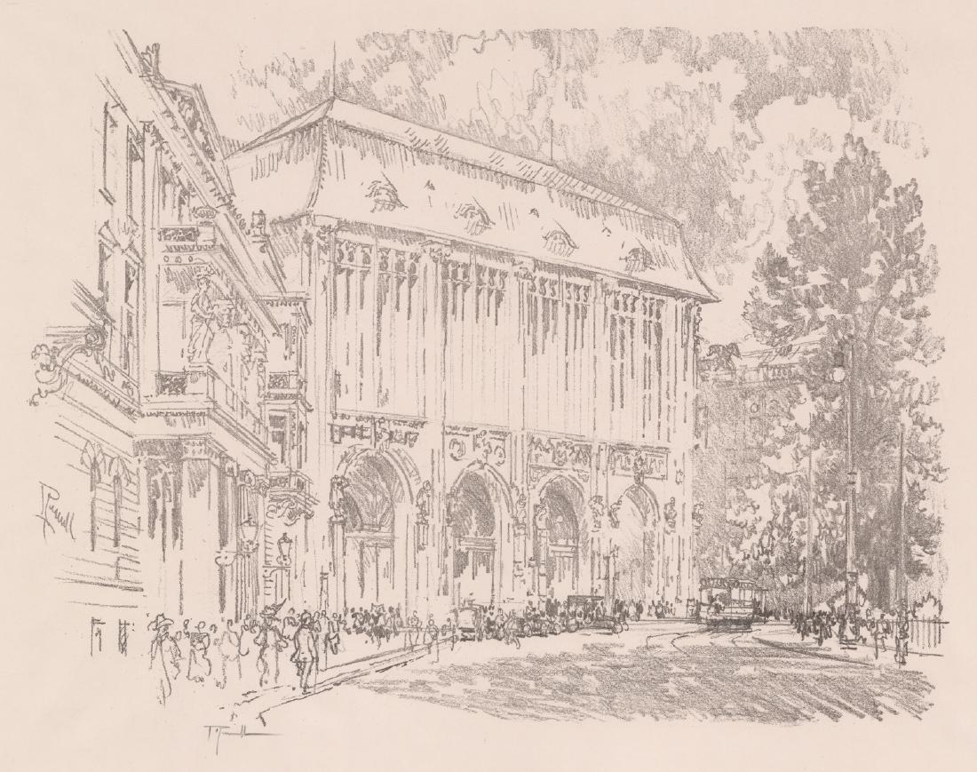 Joseph Pennell Signed Lithograph: Joseph Pennell (United Kingdom/American 1857 - 1926) signed lithograph. Signed 'J Pennell' in pencil lower left of center. Excellent condition. Formerly hinge mounted via two pieces of tape in upper e