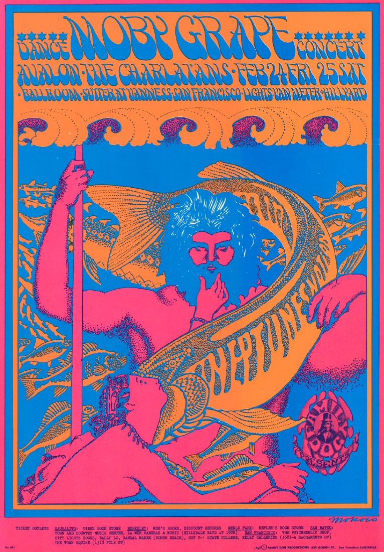 1967 Family Dog Avalon Ballroom Poster FD-49-1: 1967 Family Dog Avalon Ballroom 'Neptune's Notions' poster FD-49-1. Moby Grape, Charlatans. Artist: Victor Moscoso. Measures 20 in. x 14 in. EX/Ex+ condition with slight bump top left edge. An origina