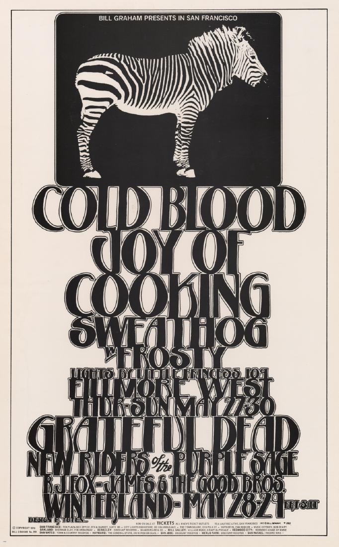 Grateful Dead Fillmore Poster BG-282: 1970 Bill Graham Fillmore Winterland poster BG-282. Grateful Dead, Cold Blood, Joy of Cooking. Artist: Rick Tuten. Measures 21.875 in. x 13.9375 in. Fair condition. Just recently discovered, was store