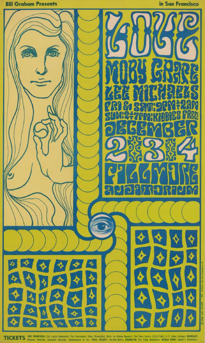 Moby Grape Bill Graham Fillmore Poster BG-40: 1966 Bill Graham Fillmore poster BG-40. Moby Grape, Lee Michaels. Artist: Wes Wilson. Measures 23.5 in. x 14 in. VG-EX/EX condition with very light rippling along top edges and tiny pinholes at corner