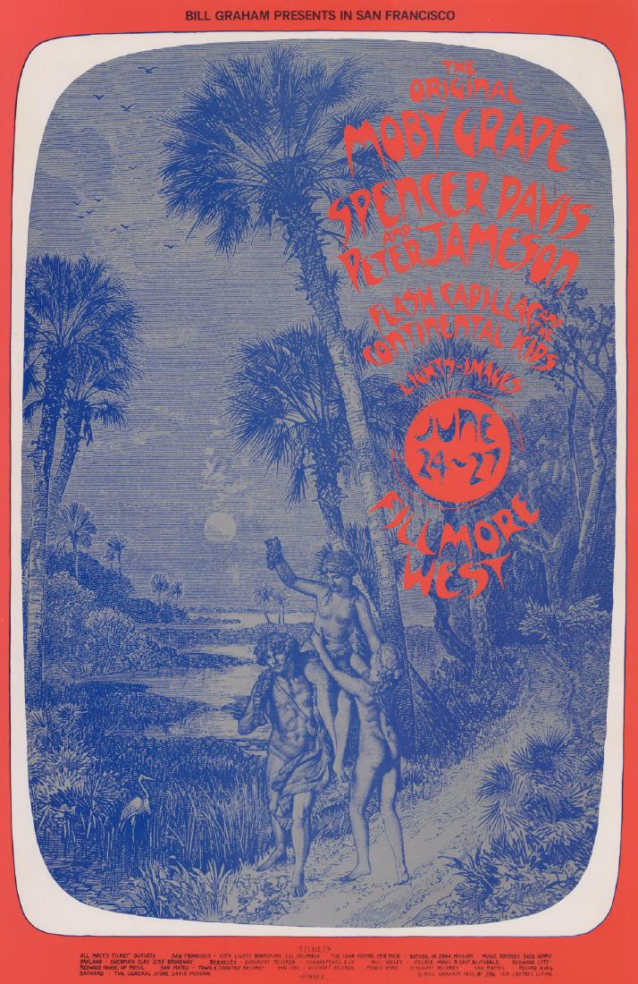 1971 Bill Graham Fillmore West Poster BG-286: 1971 Bill Graham Fillmore poster BG-286. Moby Grape, Spencer Davis and Peter Jameson. Artist: David Singer. Measures 21 in. x 14 in. Excellent condition. Just recently discovered, was stored flat in a