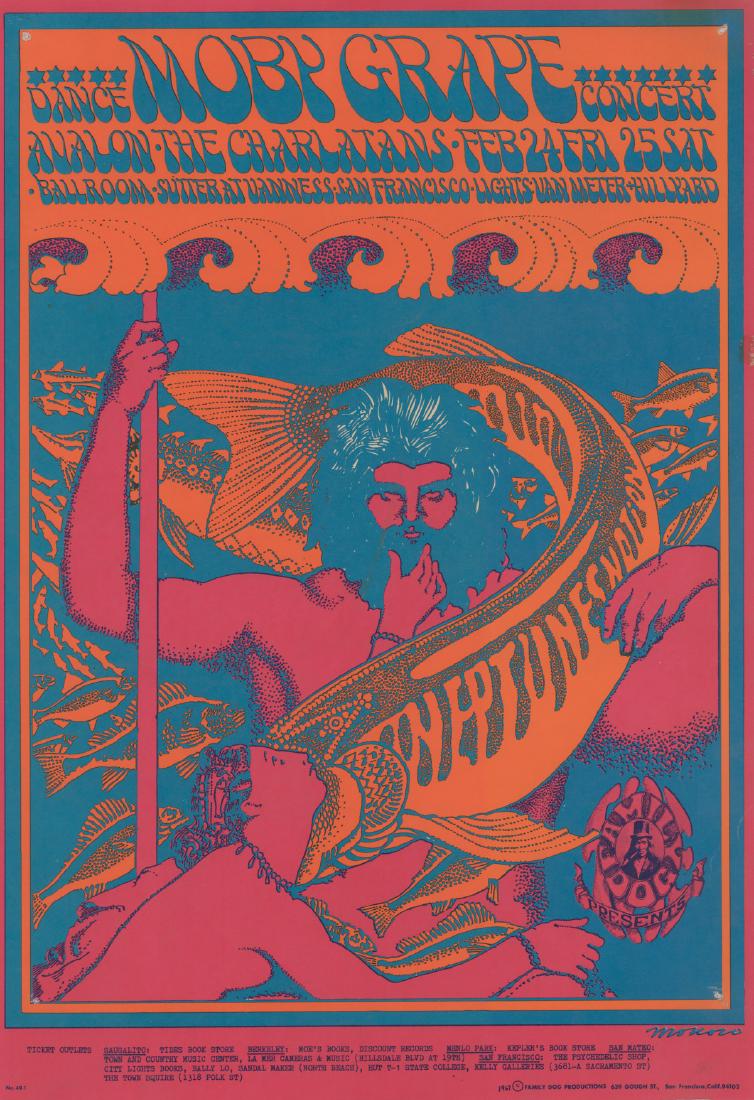 1967 Family Dog Avalon Ballroom Poster FD-49-1: 1967 Family Dog Avalon Ballroom 'Neptune's Notions' poster FD-49-1. Moby Grape, Charlatans. Artist: Victor Moscoso. Measures 20 in. x 14 in. Fair condition with pinholes at top corners, slight paper l