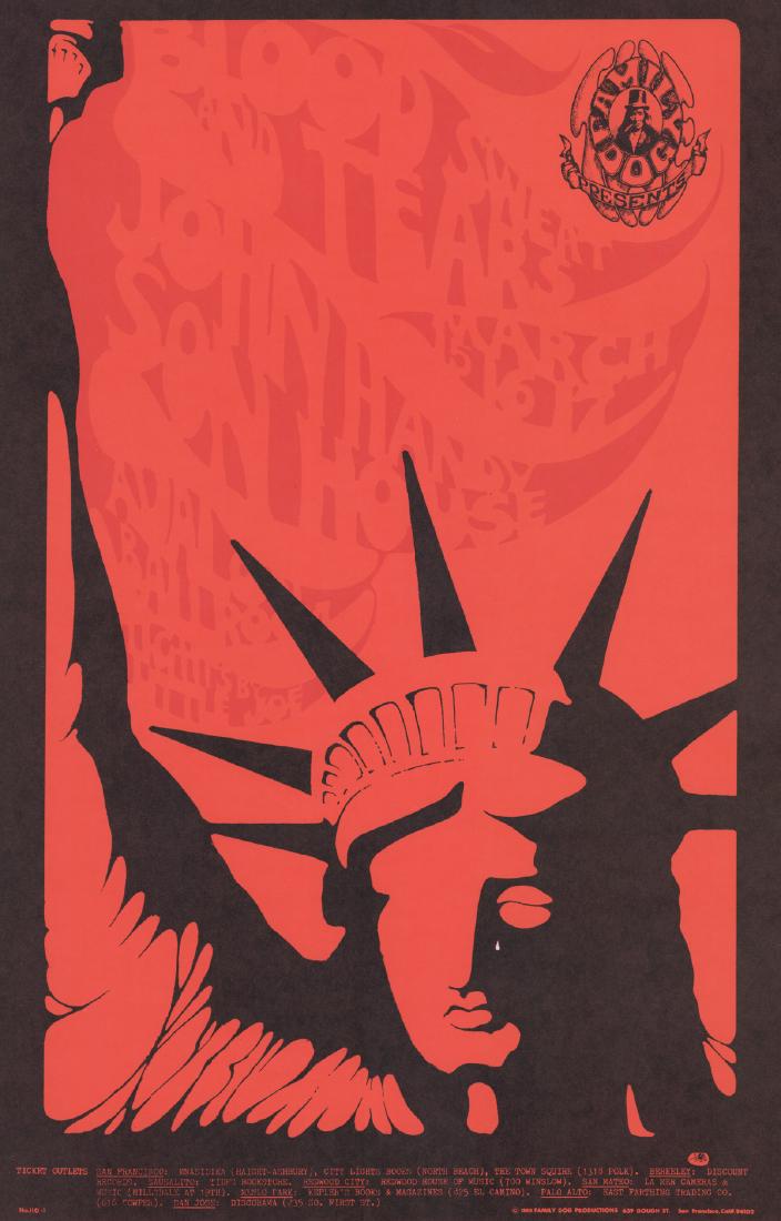 1968 Family Dog Avalon Ballroom Poster FD-110-1: 1968 Family Dog Avalon Ballroom 'Liberty' poster FD-110-1. Blood, Sweat and Tears, John Handy. Artist: Stanley Mouse. Measures 20 in. x 14 in. EX+/NrMt condition. An original poster of the period and 