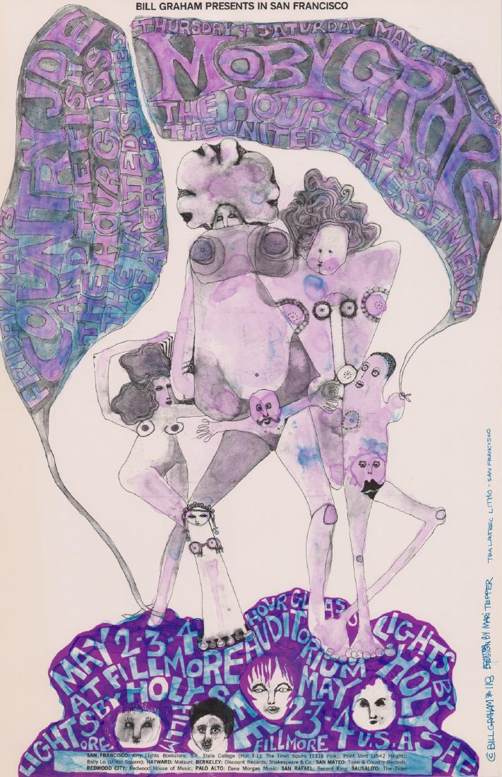 1968 Moby Grape Bill Graham Poster BG-118: 1968 Bill Graham Fillmore Auditorium Winterland poster BG-118. Moby Grape, Hour Glass. Artist: Mari Tepper. Measures 21 in. x 13.625 in. EX/EX+ condition with very slightly bumped lower right corner.