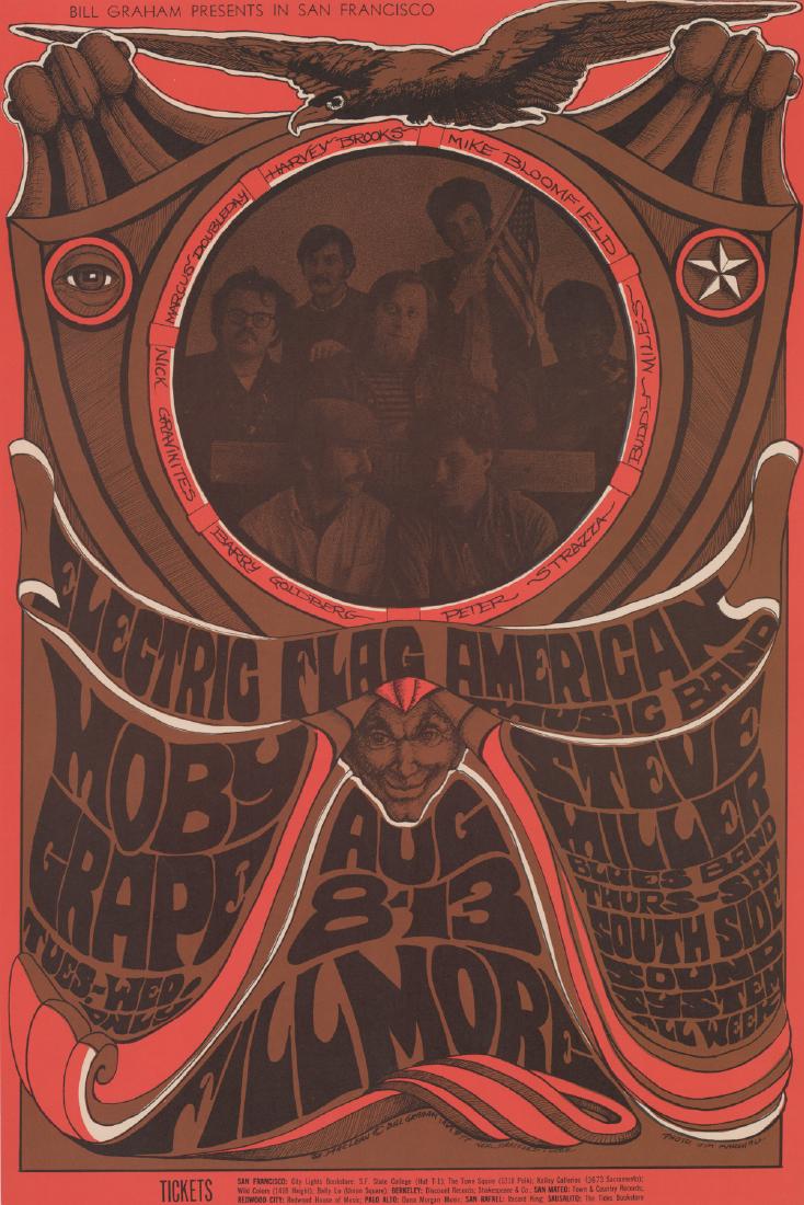 1967 Bill Graham Poster BG-77 Moby Grape: 1967 Bill Graham Fillmore Auditorium poster BG-77. Moby Grape, Electric Flag American Music Band. Artist: Bonnie MacLean. Measures 21 in. x 14 in. EX/+/NrMt condition. An original poster of the period