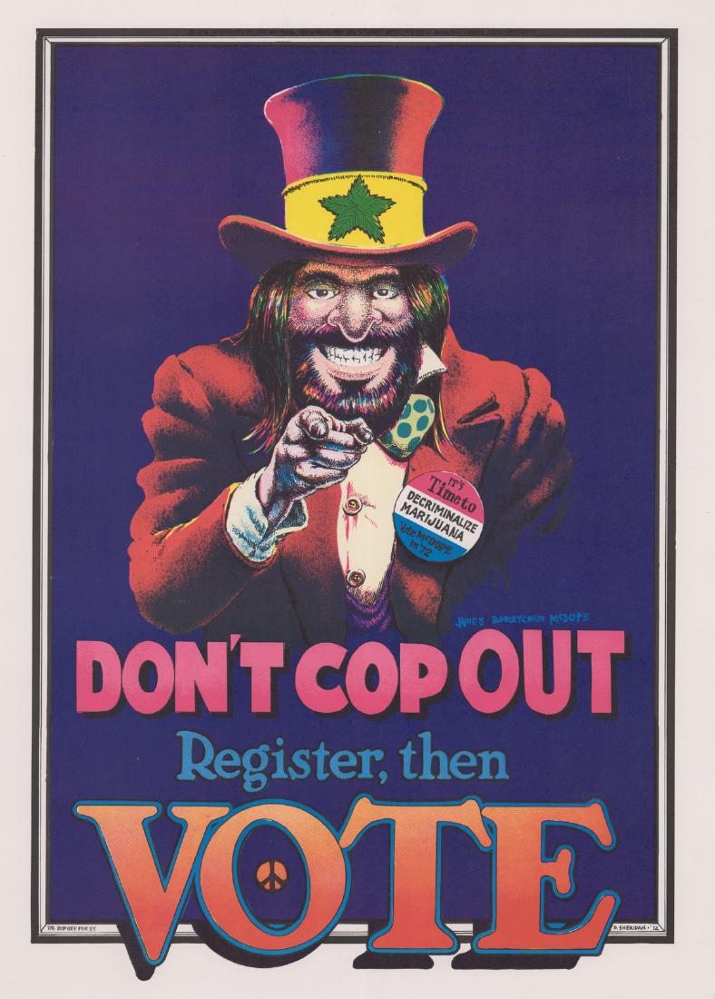 Dave Sheridan Don't Cop Our Poster: Dave Sheridan 'Don't Cop Out' headshop poster, 1972. Measures 23 in. x 17.5 in. VG-EX/EX. An original poster of the period and not a reprint, bootleg or facsimile unless stated otherwise. Unframed, lo
