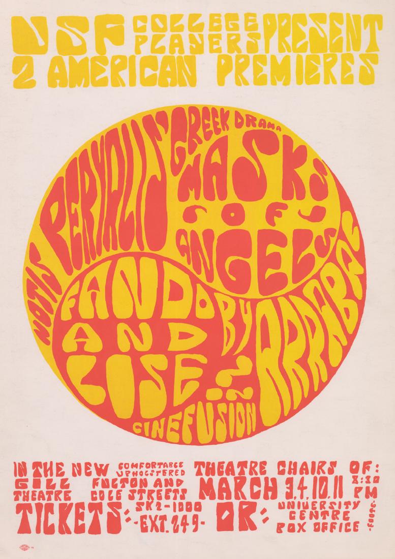 1960's USF Psychedelic Poster for Arts Performance: 1960's University of San Francisco poster for 2 American Premieres. Measures 20 in. x 13.75 in. VG/VG-EX condition. An original poster of the period and not a reprint, bootleg or facsimile unless stat
