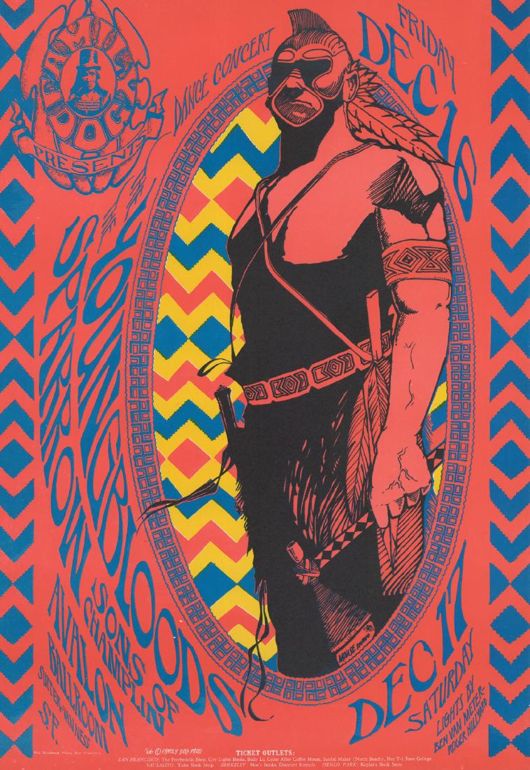 1966 Family Dog Avalon Poster FD-39: 1967 Family Dog Avalon Ballroom 'Redskin' poster FD-39. Original printing with 'The Bindweed Press' lower left. Youngbloods, Sparrow. Artists: Alton Kelley, Stanley Mouse. Measures 20 in. x 13.75 in. 