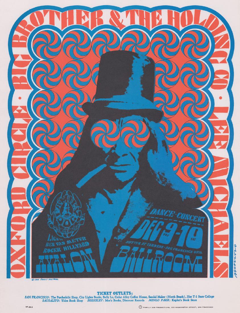 Big Brother/Janis Joplin Avalon Poster FD-38-3: 1966 Family Dog Avalon Ballroom 'Top Hat' poster FD-38-3. Big Brother and the Holding Company/Janis Joplin, Oxford Circle. Artist: Victor Moscoso. Measures 19.6875 in. x 13.875 in. Excellent condition