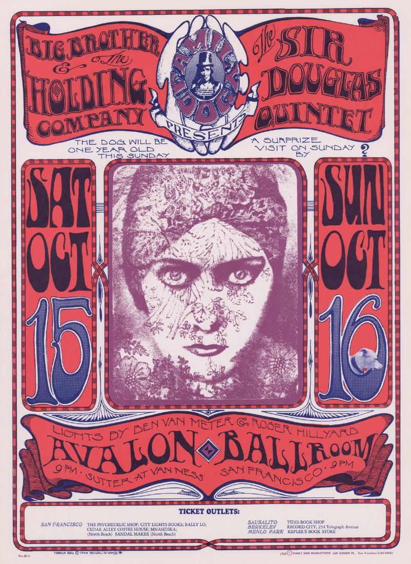 Big Brother/Janis Joplin Avalon Poster FD-30-3: 1966 Family Dog Avalon Ballroom 'One Year Anniversary' poster FD-30-3. Big Brother and the Holding Company/Janis Joplin, Sir Douglas Quintet. Artists: Stanley Mouse, Alton Kelley. Measures 20 in. x 14