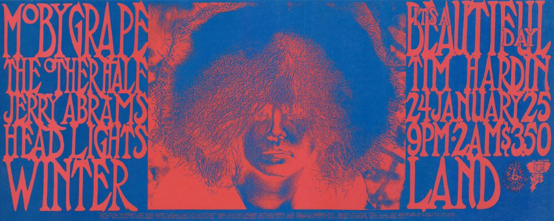 Family Dog Winterland Poster FD-1969.01.24: 1969 Family Dog Winterland poster. Moby Grape, The Other Half, It's a Beautiful Dat, Tim Hardin. Artist: San Andreas Fault. Measures 11 in. x 27.25 in. EX/EX+ condition. An original poster of the peri