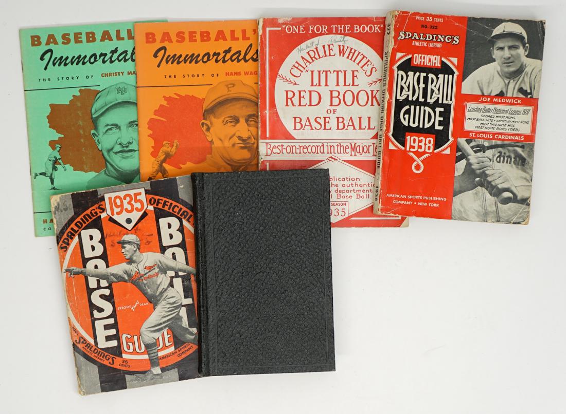 Six Vintage Baseball Guidebooks and Biographies: Six vintage baseball guidebooks including 1904 Spalding Baseball Guide (rebound and lacking original cover), 1935 Spalding Baseball Guide , 1938 Spalding Baseball Guide, Charlie White's Little Red Boo