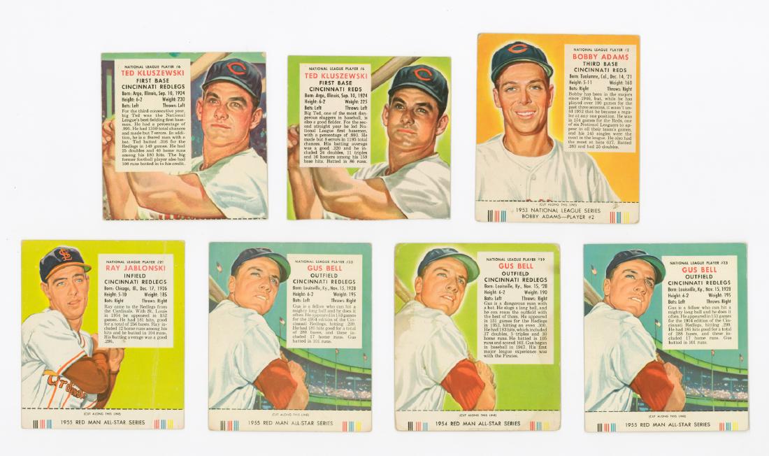 1955 Red Man Cincinnati Reds (7): Seven 1955 Red Man Cincinnati Reds baseball premiums. Condition varies. Condition report is provided as a courtesy and is only an opinion. This condition report is in no way a guarantee or binding ass