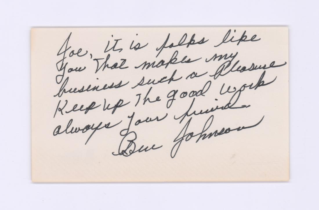 Ben Johnson Signed Index Card Beckett COA: Ben Johnson signed index card. Inscribed 'Joe, it is folks like you that makes my business such a pleasure. Keep up the good work always your friend.' Measures 3-in. x 5-in. and is signed in black mar