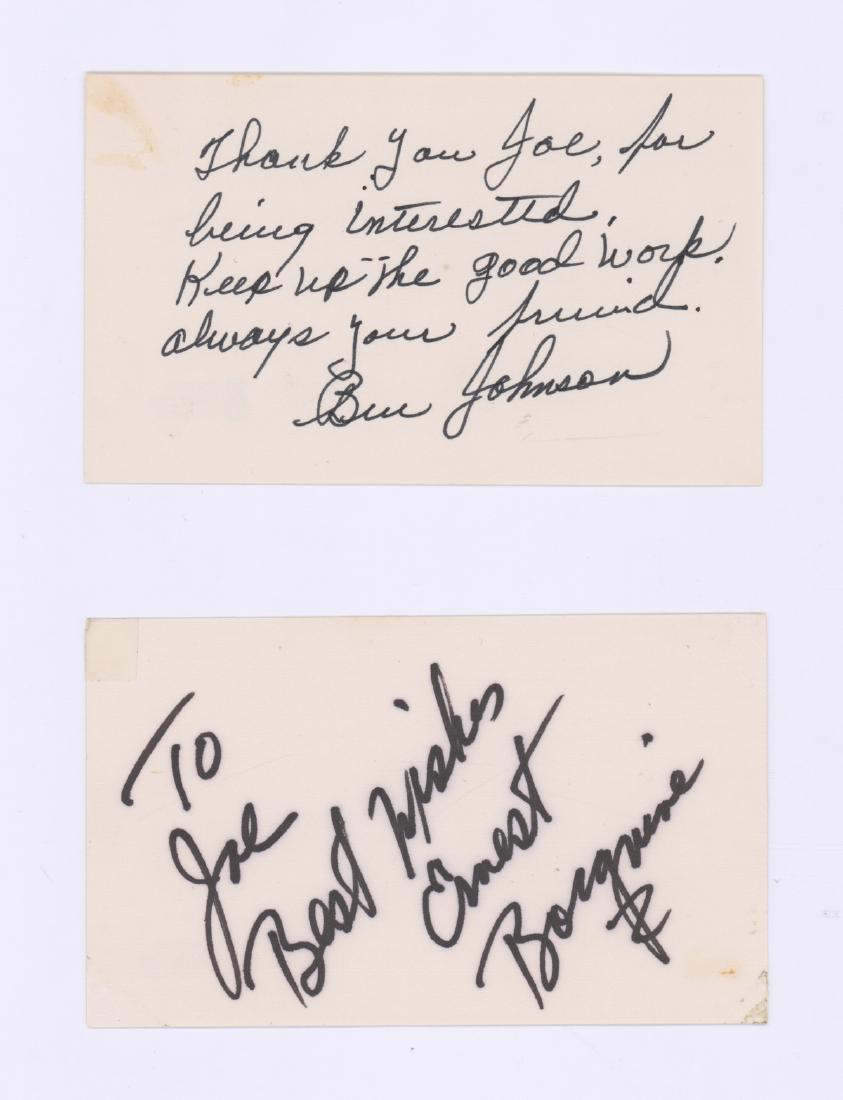 Ernest Borgnine/Ben Johnson Signed Cards (2) COA's: Two signed index cards. 1) Ernest Borgnine signed index card includes COA from Beckett Authentication #H09318 and is signed in black marker. 'To Joe Best Wishes.' 2) Ben Johnson signed postcard includ