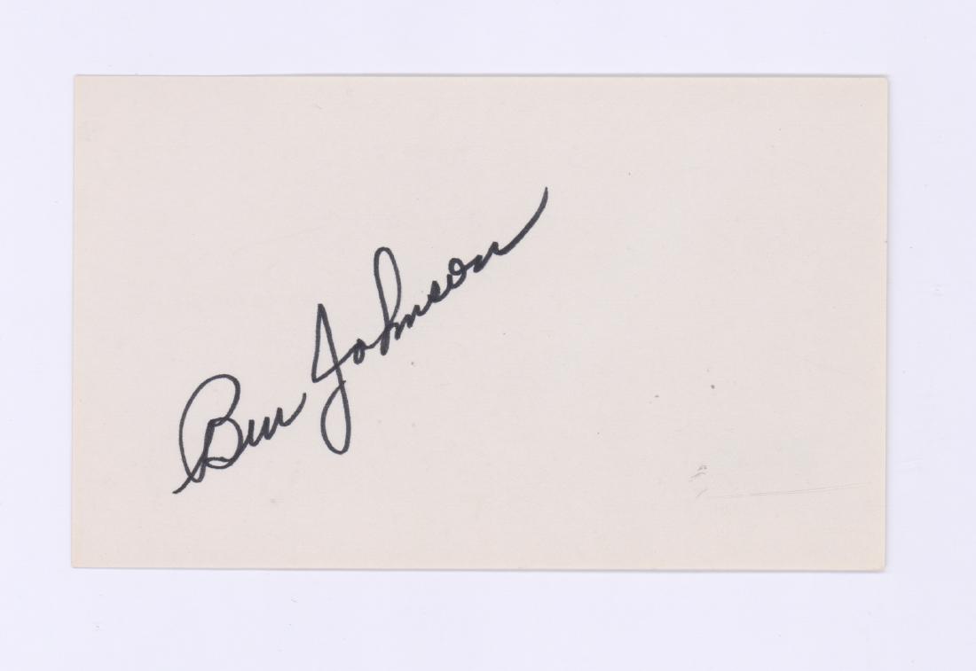 Ben Johnson Signed Index Card Beckett COA: Ben Johnson signed index card. Measures 3-in. x 5-in. and is signed in black marker. Includes COA from Beckett Authentication #H09205. Unframed, loose and not glued or mounted. NM-MT/MT. Condition rep