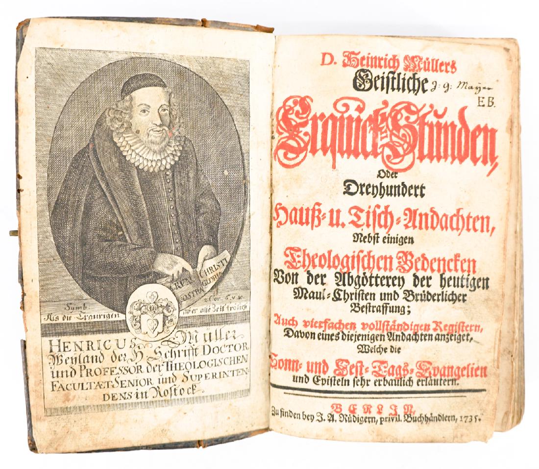 Heinrich Muller 1735: Heinrich Muller. 1735. Berlin. (German) 1768 pp. plus register. Measures 78 in. x 4.25 in. x 2 in. Provenance: Estate of Russell Johanson, Ravenna Rare Books, Seattle, WA. If lot is absent of a condit