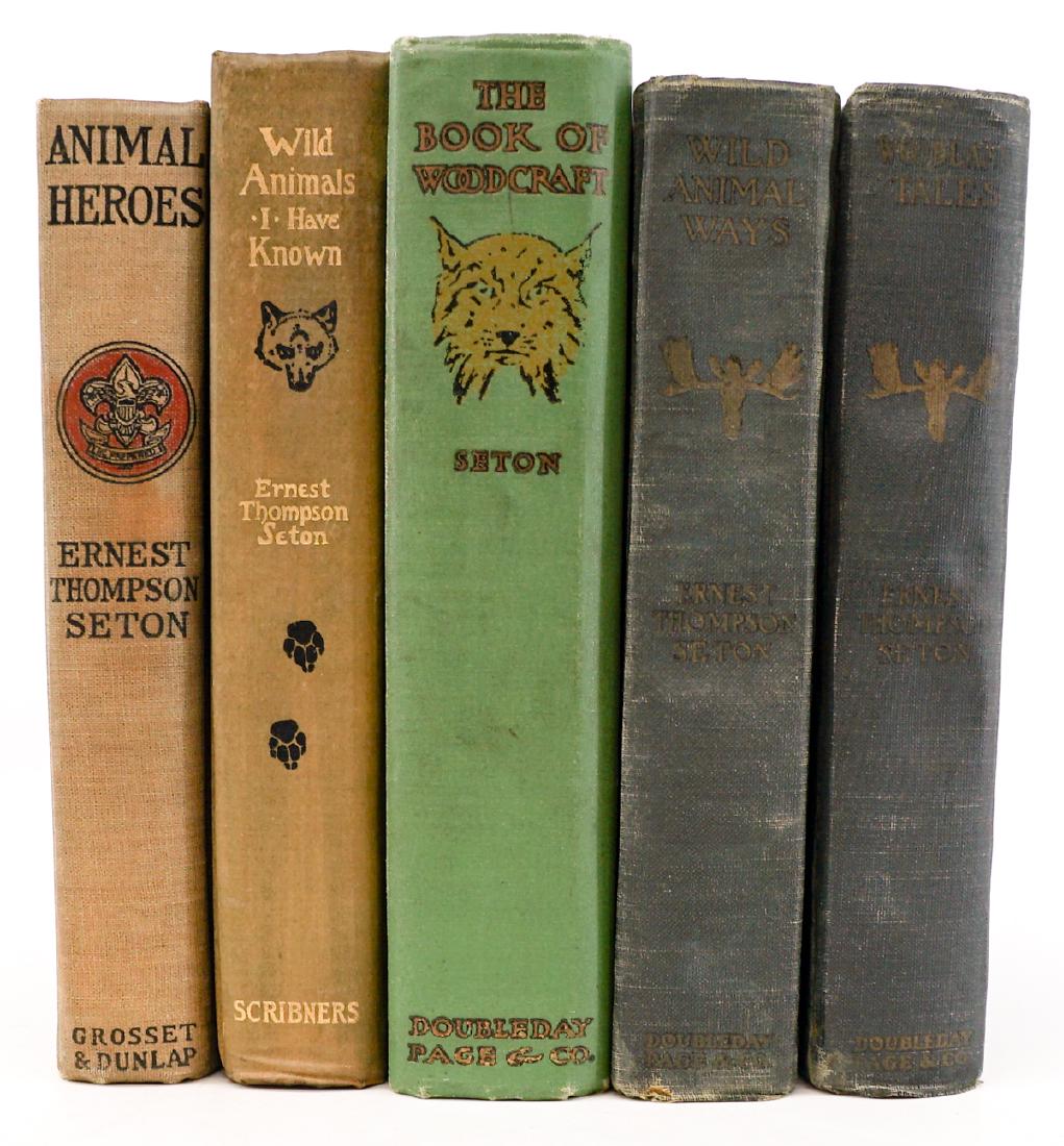 Ernest Thompson Seton (5): Group of five books by Ernest Thompson Seton. Includes: 1) The Book of Woodcraft 1913. Ex-library. 2) Wild Animals I Have Known 1916 3) Animal Heroes 1905 ... and more. Group measures approximately 8 