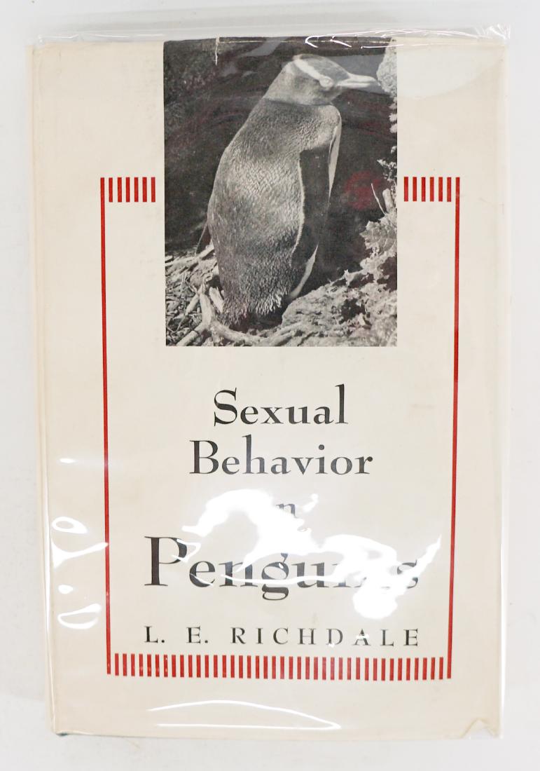 Sexual Behavior in Penguins by Richdale 1951: Sexual Behavior in Penguins by L. E. Richdale. Published May 1951 with dust jacket unclipped (torn at upper back). University of Kansas Press 1951. 316 pp. Illustrated with photos. Blue cloth, gilt le
