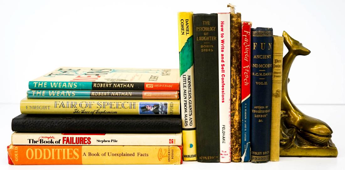 Humorous, Fun and Odd (13): Group of thirteen humorous, fun and odd books. Includes: 1) Oddities by Rupert T. Gould. 1965. 2) Pertinent, Penetrating Pen Points. 1908. 3) The Weans by Robert Nathan. 1960 and 1968. ... and more. G