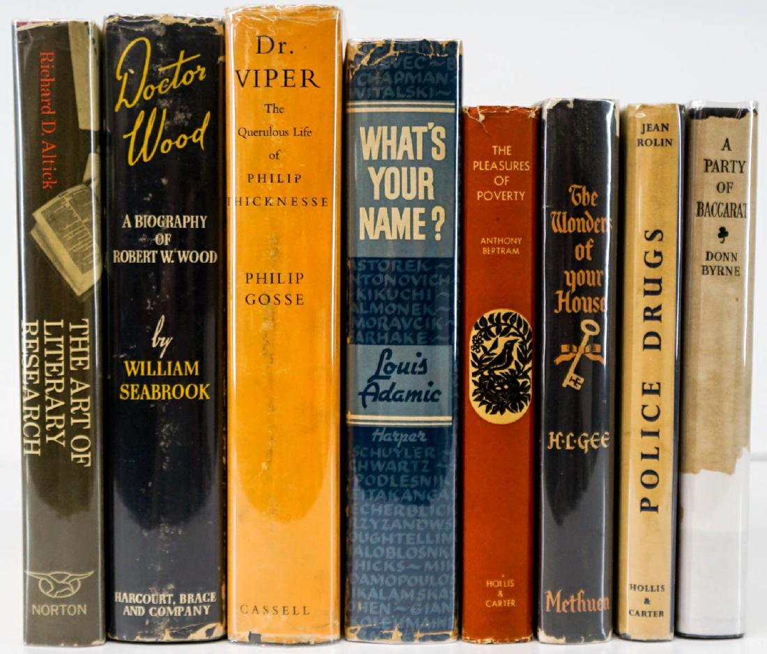 First Edition / First Printing Books (8): Group of eight first edition / first printing books all with dust jackets. Includes: 1) Doctor Wood by William Searbrook. 1941. 2) A Party of Baccarat by Donn Byrne. 1930. 2) Police Drugs. 1955 ... an