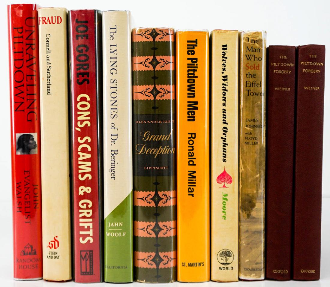 Fraud, Deception and Cons (10) Books: Group of ten books of fraud, deception and cons. Includes: 1) The Man Who Sold the Eiffel Tower by James Johnson. 1961, first edition with dust jacket unclipped. 2) Four books of the Piltdown Hoax. ..
