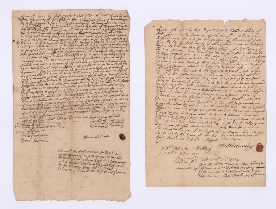 18th Century Handwritten Legal Documents (2): Two Eighteenth Century New England handwritten legal documents. Includes: 1) Daniel Foot of Newtown, 1734 with Thomas Bennett, Justice of the Peace. Measures approximately 12 in. x 7.5 in. 2) Matthew 