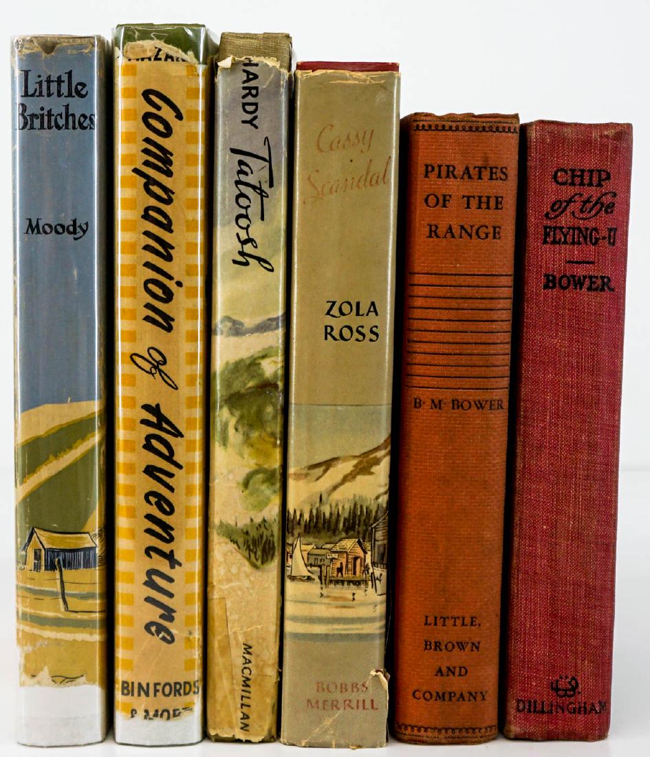 Americana (6) Books: Group of six Americana books and novels. Includes: 1) Cassy Scandal, A Novel by Zola Ross. 1954, first edition with unclipped dust jacket. Inscribed by author front endsheet. 2) Companion of Adventure