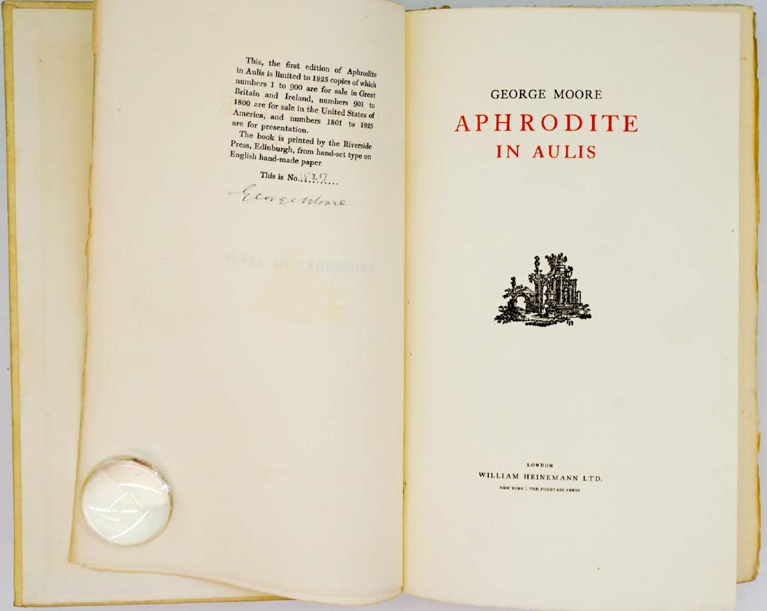 Aphrodite in Aulis by George Moore SIGNED LTD ED: SIGNED LIMITED EDITION Aphrodite in Aulis by George Moore . 1930. Signed and numbered 1527/1825 on colophon page. William Heinemann Ltd., London. 340 rough cut pages. Beveled edges with gilt design an