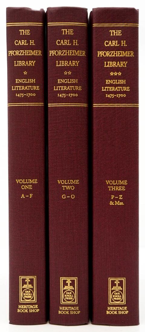 Carl H. Pforzheimer Library 1475 - 1700 (3 V): The Carl H. Pforzheimer Library English Literature 1475 - 1700. Three Volume Set. 1997. Oak Knoll Press. 1350 pp. Maroon cloth with gilt lettering and design. Marbled endsheets. No markings or notable