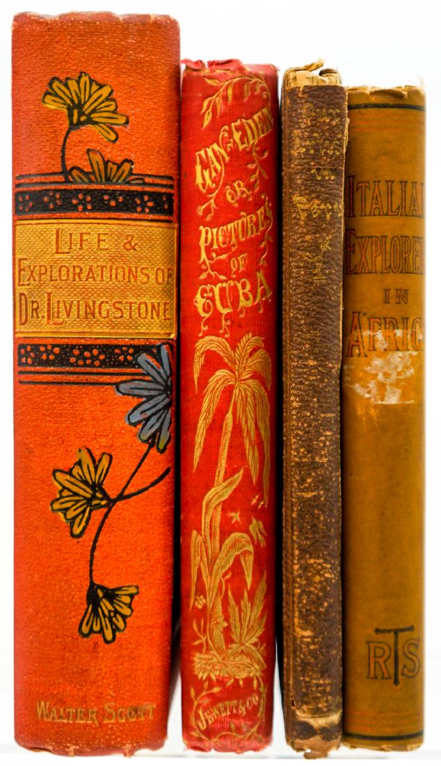Travel / Exploration 19th Century (4): Group of four nineteenth century travel and exploration books. Includes: 1) Italian Explorers in Africa by Sofia Bompiani. 1891. Ex-Library. Portrait illustrations. 202 pp. plus ads. 2) Our Artist in 