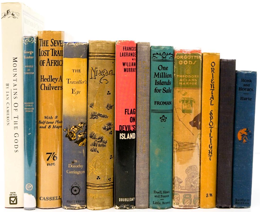 Travel and Exploration (12): Group of twelve travel and exploration books. Includes: 1) Honk and Horace by Emmet F. Harte. 1913. 2) Forgotten Gods by Theodore Acland Harper. 1929, first edition with dust jacket clipped. 3) The La