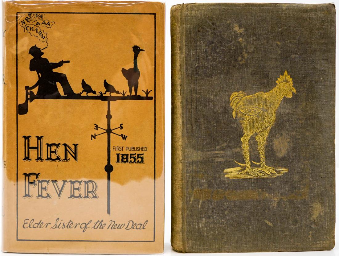 History of Hen Fever (2) 1855 and 1935: The History of Hen Fever by Geo. P. Burnham. Two editions, 1855 and 1935. 1) 1855 edition. 326 pp. with publisher ads. Frontispiece plus illustrations. Browning and spotting. Owner notes front endshee