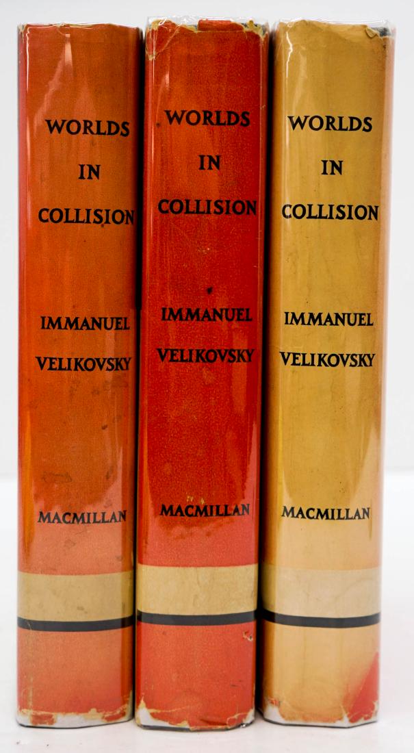 Worlds in Collision by Velikovsky 1950 (3): Worlds in Collision by Immanuel Velikovsky. 1950, first printing. Three copies with dust jackets. Pricing unclipped. 401 pp. Edges and corners lightly bumped. Owner name and or bookplate in two copies