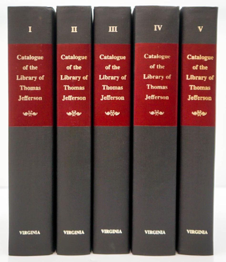 Thomas Jefferson by Sowerby 1983 (5 V): Catalogue of the Library of Thomas Jefferson compiled by E. Millicent Sowerby in five volumes. 1983. University Press of Virginia, Charlottesville. All volumes clean without markings. Black cloth. Lig