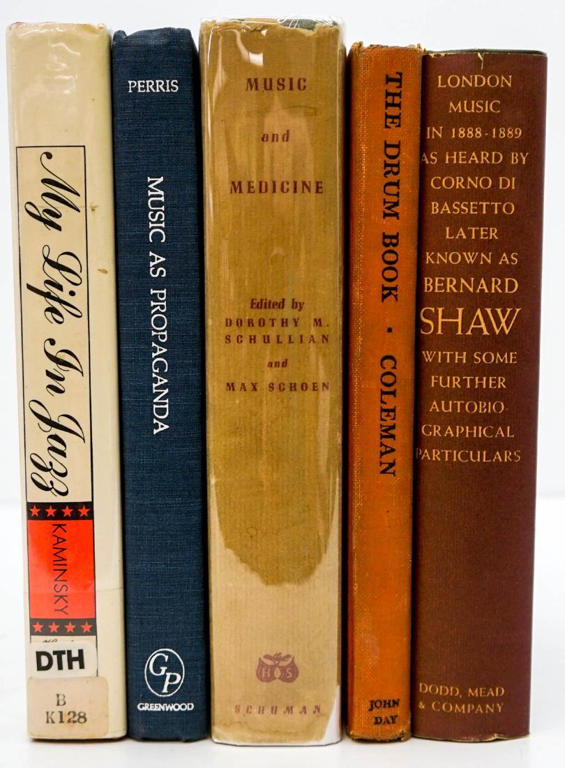 Music (5) Books: Group of five music books. Includes: 1) Music as Propaganda by Arnold Perris. 1985. Greenwood Press. Owner inscription inside front cover. 247 pp. 2) My Life in Jazz by Kaminsky. Ex-Library. 3) Music 