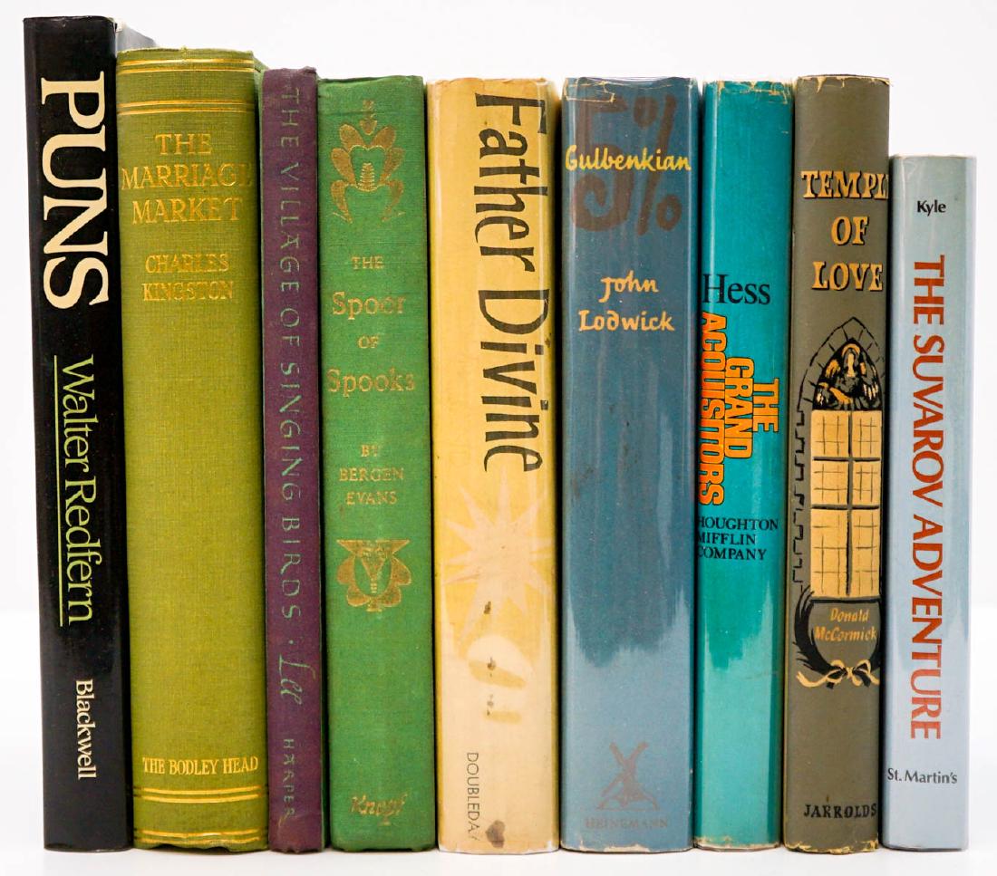 First Edition / First Printing (9) Books: Group of nine First Edition / First Printing books. Includes: 1) The Marriage Market by Charles Kingston. 1926. 2) Puns by Walter Redfern. 1984. 3) The Suvarov Adventure. 1973. 4) Temple of Love by Do