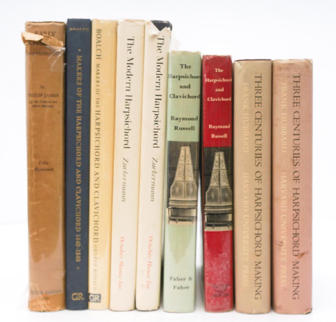 Music (9) Harpsichord Books: Group of nine musical instrument books. Includes: 1) The Harpsichord and Clavichord by Raymond Russell. 1959 and 1973 editions both with dust jacket. 1959 dust jacket has been clipped. 2) Three Centur