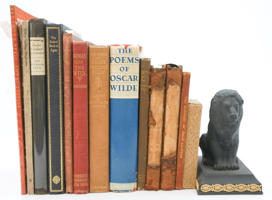 Poetry and Collected Works; Wilde, Riley and More: Group of thirteen poetry and collected works. Includes: The Poems of Oscar Wilde; Woman and the Wits; The Poems and Prose Sketches of James Whitcomb Riley; Euterpean Preparatory Lessons Cards; and mor