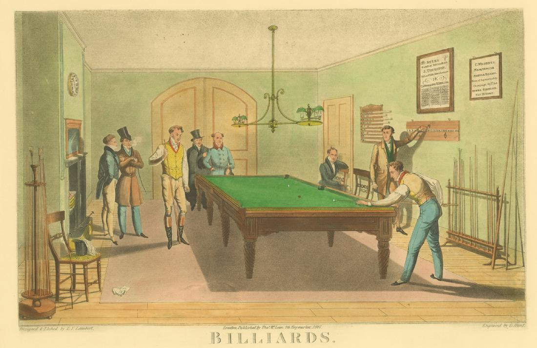 After E. F. Lambert Restrike Etching: G. Hunt restrike engraving after an etching by E F Lambert (fl.1823 - 46). Work titled 'Billiards' printed in lower center. 'London Published by Tho McLean, 26 Haymarket, 1827' printed in lower center