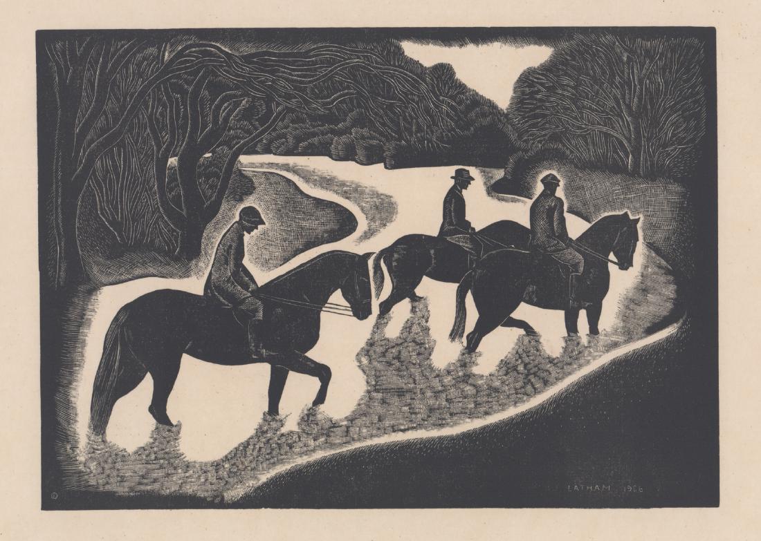 Barbara (Cook) Latham Original Woodcut: Barbara (Cook) Latham (American 1896 - 1989) original woodcut. Label on verso of mat identifies print as 'Fording the Stream' by Barbara Latham, American Artist Group, New York. Signed and dated 'Lath