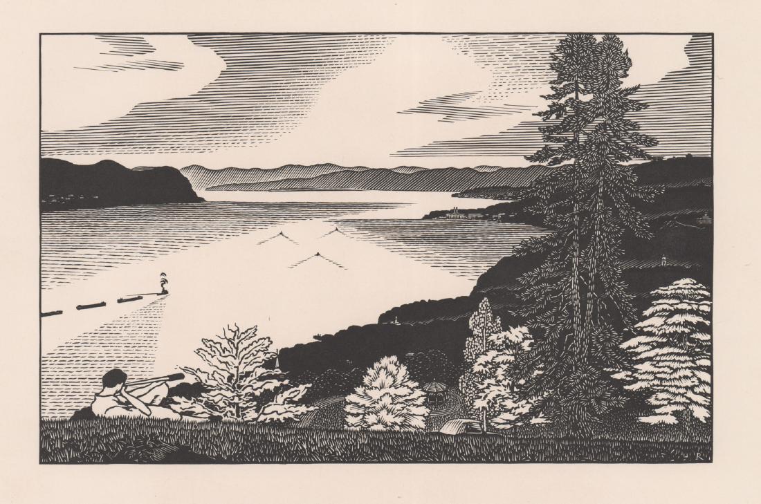 Rudolph Ruzicka Woodcut: Rudolph Ruzicka (American 1883 - 1978) woodcut. Label on verso of mat identifies print as 'A Summer Day' by Rudolph Ruzicka, American Artist Group, New York. Artist initial 'R' in plate lower right. S