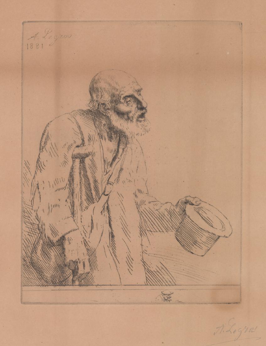 Alphonse Legros Signed Etching: Alphonse Legros (French / United Kingdom 1837 - 1911) signed etching. Signed 'A. Legros' in pencil lower right. Also signed and dated 'A. Legros 1881' in plate upper left. Mini sketch just below image