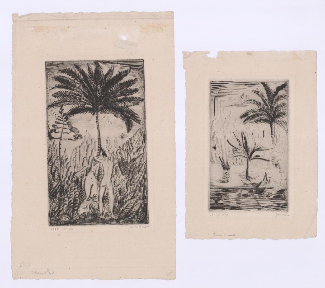 Joseph Hirsch Signed Etchings (2): Two Joseph Hirsch (1920 - 1997) signed etchings. Both signed 'Joseph Hirsch' in pencil lower right. One measures 11-in. x 7.75-in. sheet size and the other 15.75-in. x 9.75-in. sheet size. Both includ